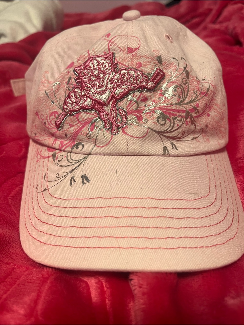 Pink Embroidered Cat Floral Baseball Cap